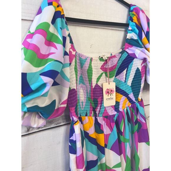 Entro Maxi Dress Size Large Geometric Smocked Poof Sleeves MultiColor - Picture 5 of 5